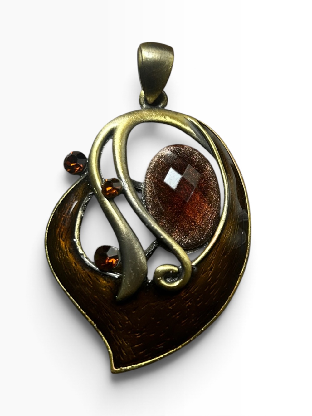 Bronze-Tone Brown Rhinestone Scrollwork Statement Pendant